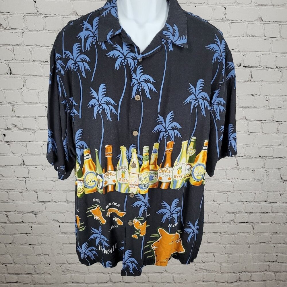 VTG Thumbs Up Black Hawaiian Palm Trees & Beer Button Up Shirt Size XXL